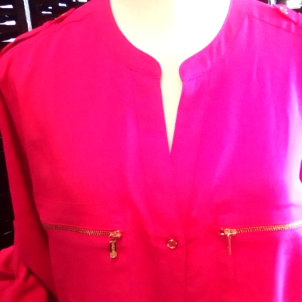 Vibrant Pink Blouse with Gold Zipper Accents